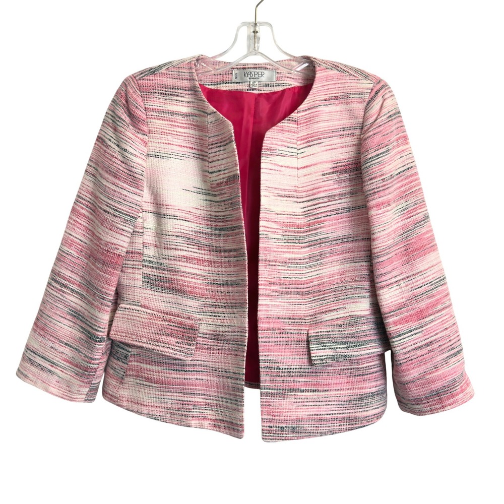 Kasper Separates Petite Pink Multi Tweed Open Front Blazer‎ Jacket 4P 3/4 Sleeve